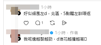網民分享各區打風情況(帖文留言截圖) 網民分享各區打風情況(帖文留言截圖)