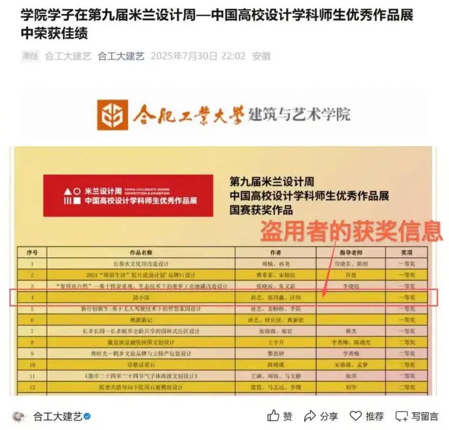 合肥工業大學3名學生涉直接盜用動畫《鼓小浪》，參加比賽並獲獎。