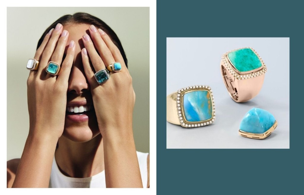 今季品牌推出六款藍色和綠色色調的全新指環設計，以四種罕見寶石為主角，包括海紋石、天河石、矽孔雀石及藍色碧璽。