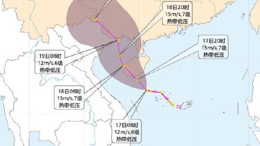 熱帶低氣壓將於17日夜間至18日凌晨登陸或擦過海南島南部沿海。