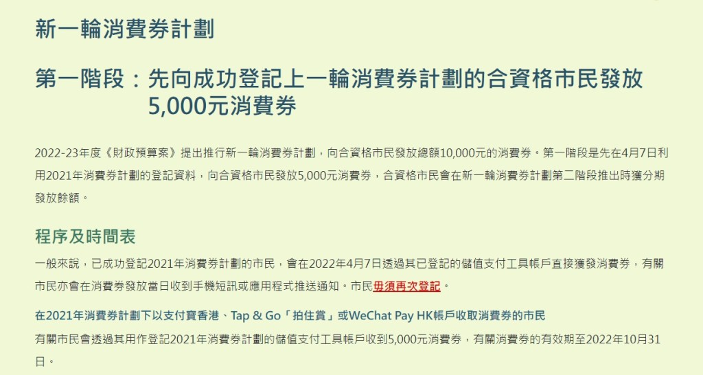 4月7日時使用AlipayHK、WeChat Pay HK、Tap&Go一次過領取的5000元消費券的市民，這筆錢的使用限期為10月31日，逾期未用便會一筆勾銷。網上截圖