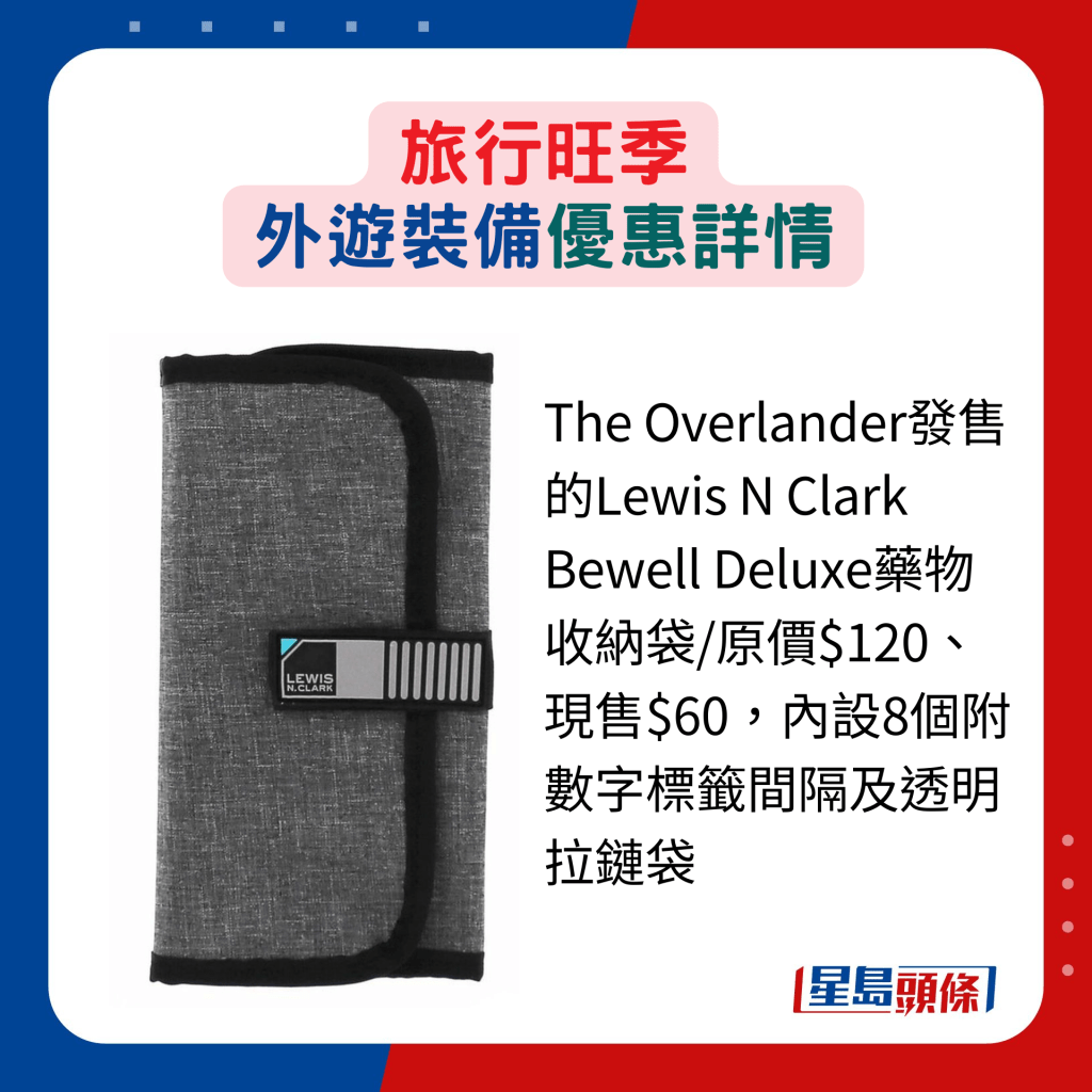 The Overlander发售的Lewis N Clark Bewell Deluxe药物收纳袋/原价$120、现售$60，内设8个附数字标签间隔及透明拉链袋