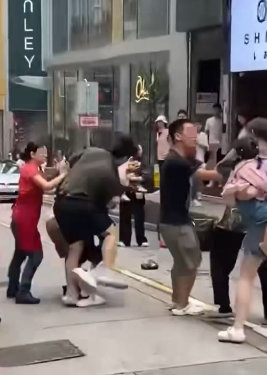 中環士丹利街馬路中心爆發混戰，其間紅裙女試圖勸阻。網上短片截圖