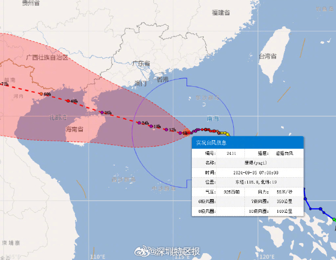 今（5）日早上7时，台风 「摩羯」中心位于距离广东省湛江市徐闻县东偏南方向约610公里海面上。