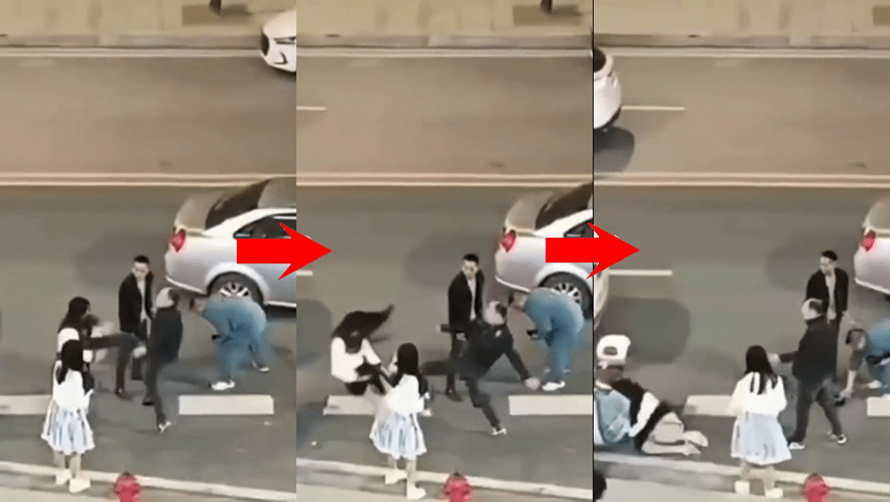 在湖南邵陽，網傳影片顯示男子當街踢飛女孩。