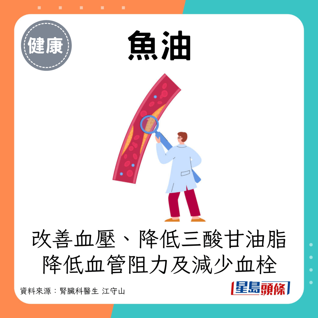 鱼油：改善血压、降低血中三酸甘油脂、降低血管阻力及减少血栓。