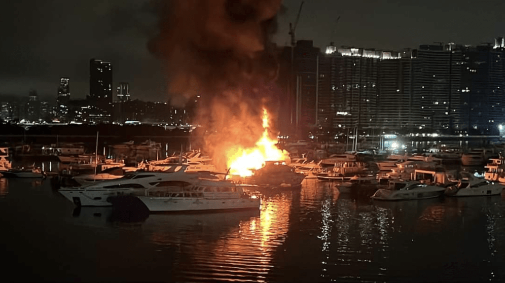 觀塘海濱離岸約200米水域，其中一隻停泊該處的遊艇起火，旁邊有4隻船被波及，同陷火海。蔡楚輝攝