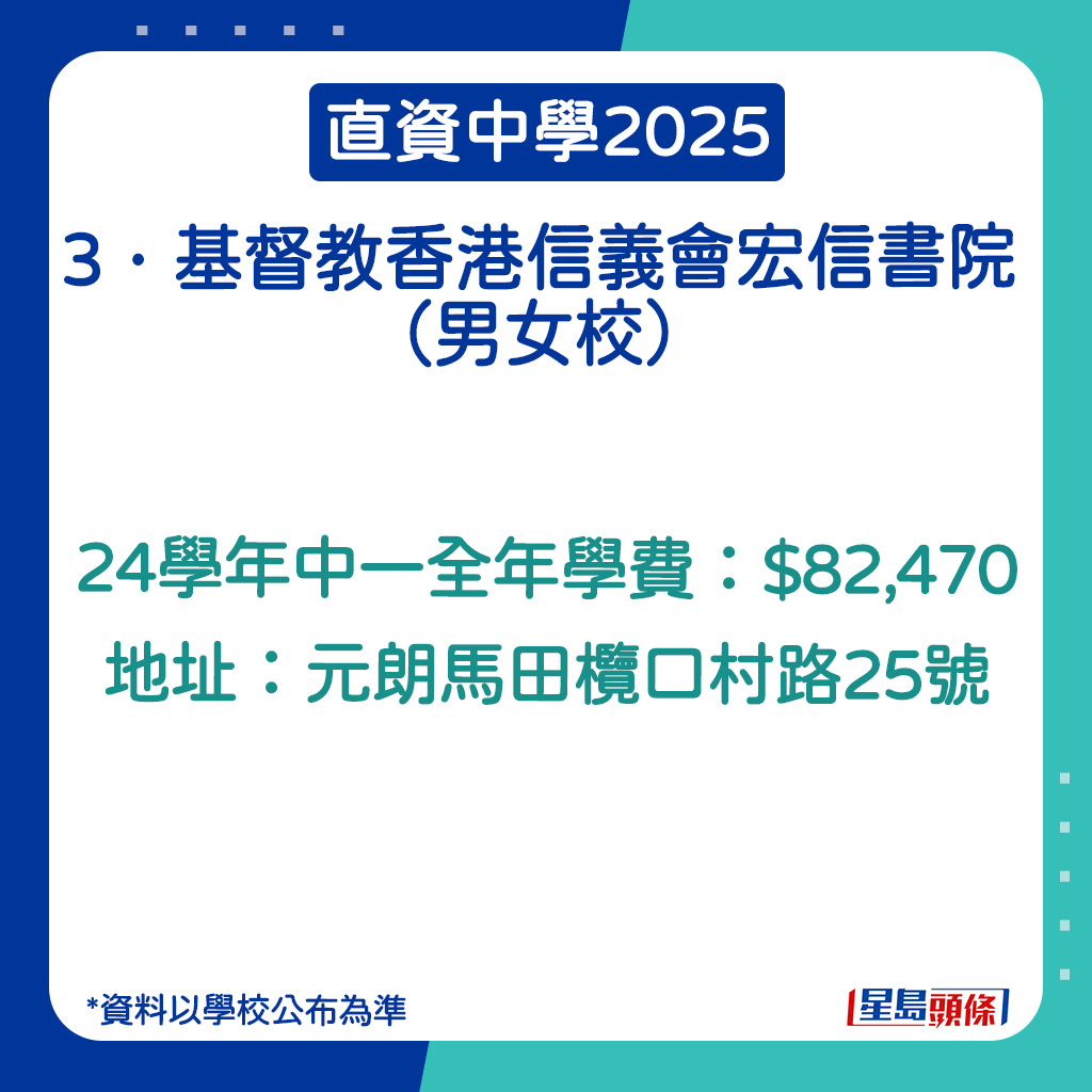 基督教香港信义会宏信书院的学费。