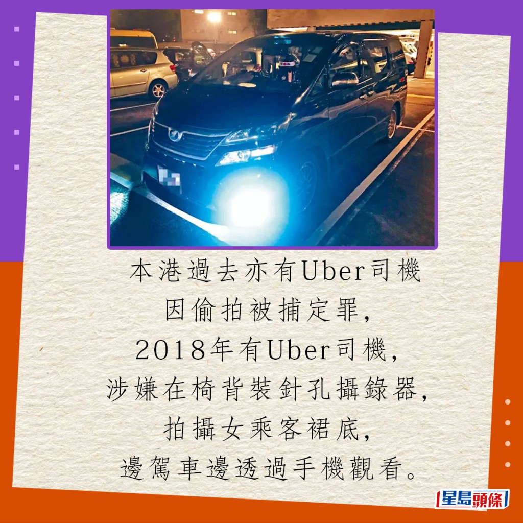 本港过去亦有Uber司机因偷拍被捕定罪，2018年有Uber司机，涉嫌在椅背装针孔摄录器，拍摄女乘客裙底，边驾车边透过手机观看。