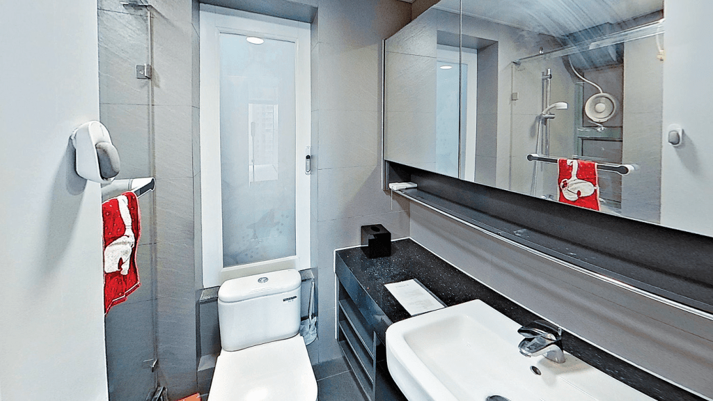 浴室设有大面镜柜，可摆放各类日用品。