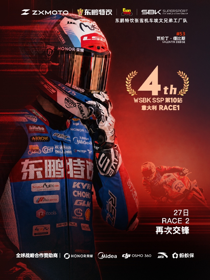WSBK意大利站-Race1，张雪机车夺得第4名。