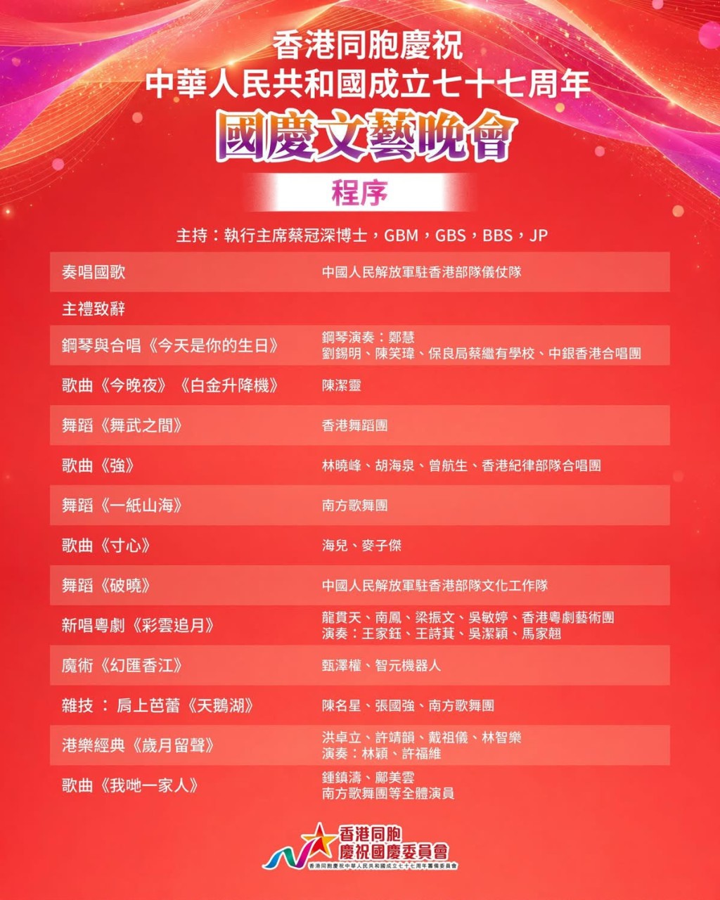 「國慶文藝晚會」將於周五(10月2日)晚上7時至8時半在紅磡香港體育館舉行。 「國慶文藝晚會」將於周五(10月2日)晚上7時至8時半在紅磡香港體育館舉行。