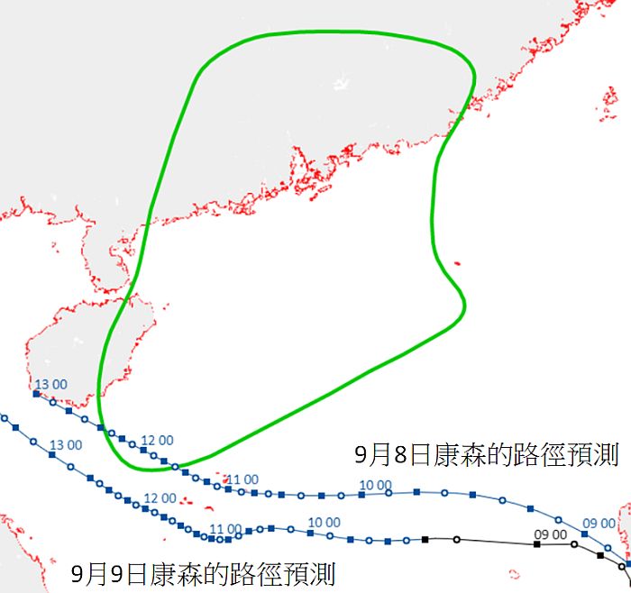  「豬腰」（綠色圈）顯示，位於香港西南方向的熱帶氣旋較容易在遠距離引致香港吹東至東南強風。而康森在9月9日的位置及路徑預測皆較9月8日遠離香港，本港離岸吹強風的機會減低。天文台
