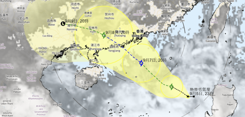 從天文台網站的圖像顯示，熱帶低氣壓於周一（8日）凌晨約五時最接近香港。