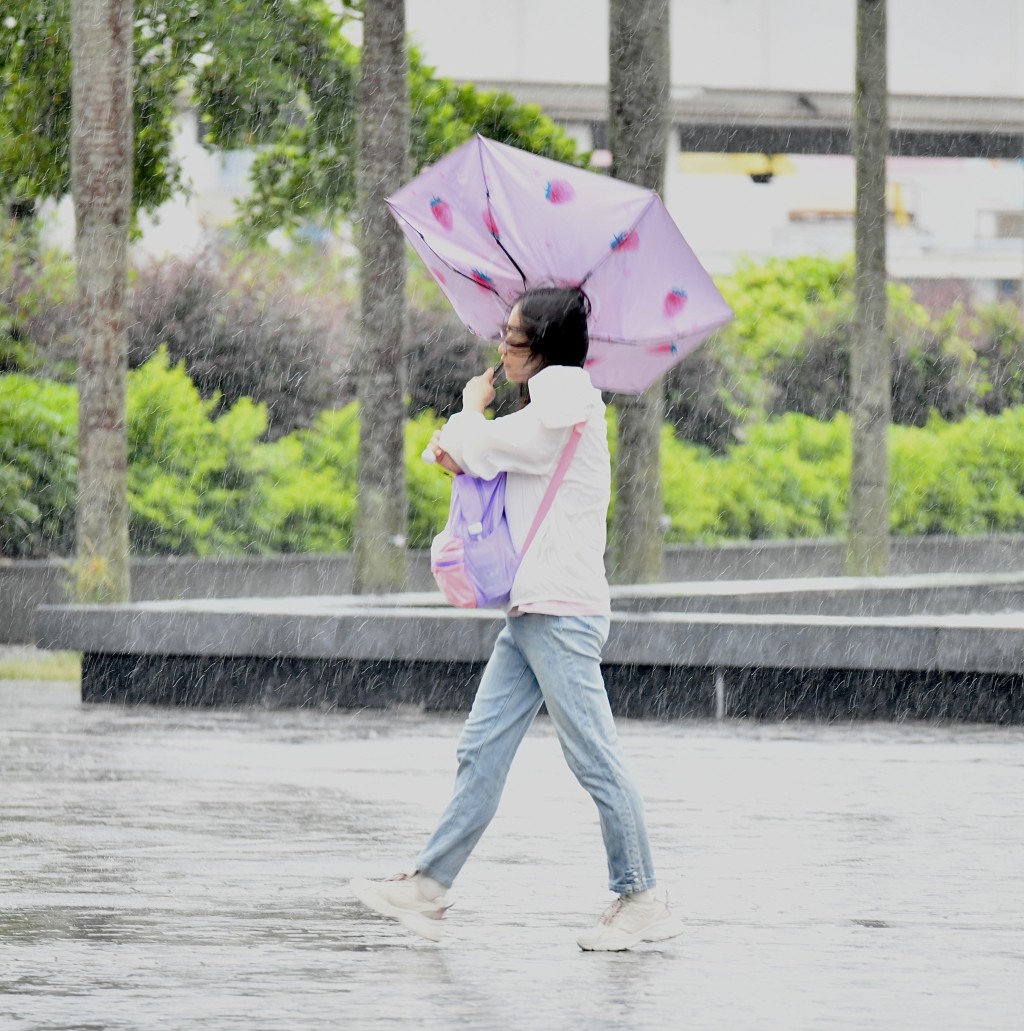 黑雨及強風下，巿民的雨傘也被吹反。盧江球攝