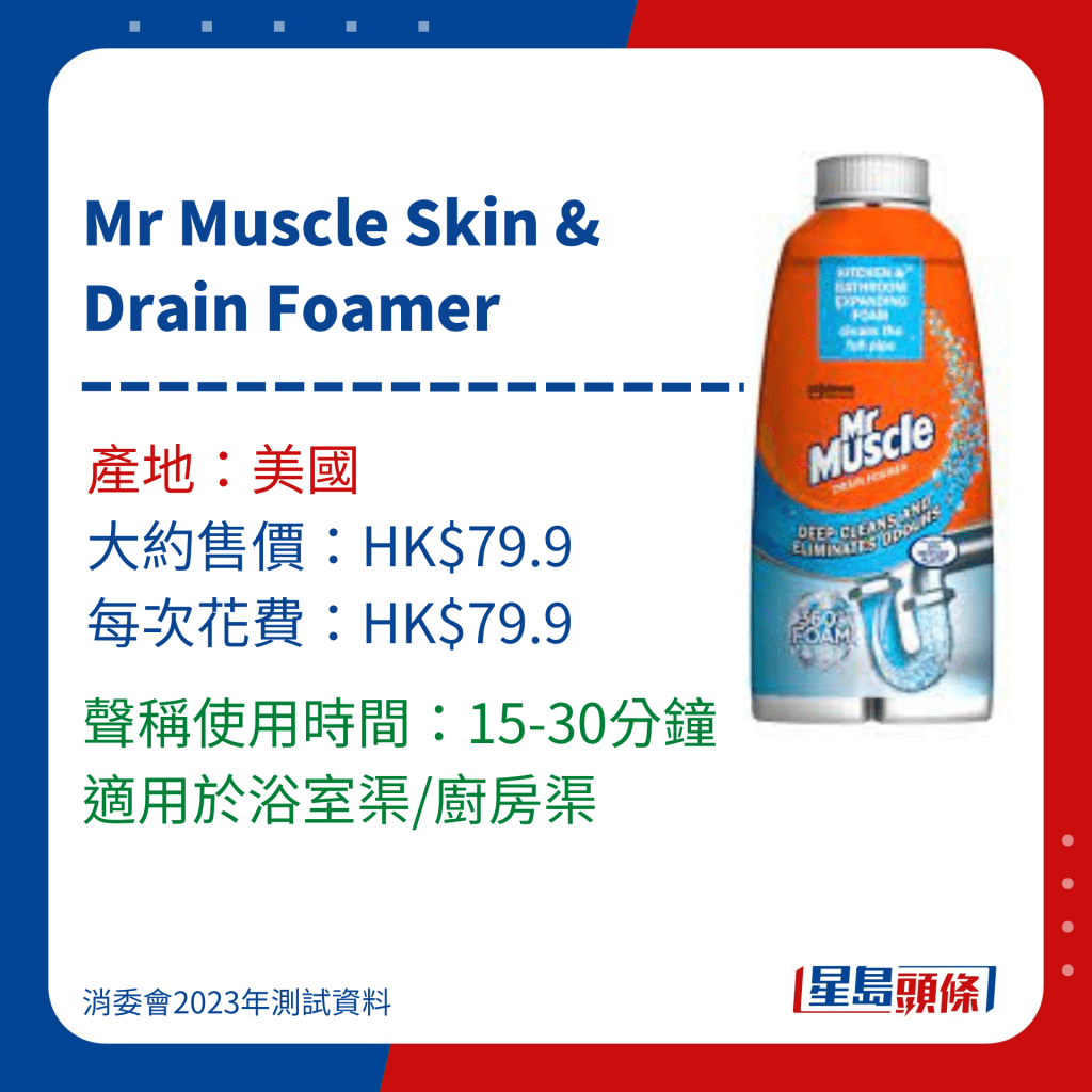 消委会通渠水/通渠剂测试名单｜10. Mr Muscle Skin & Drain Foamer，标示使用时间15-30分钟。　 