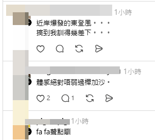 網民分享各區打風情況(帖文留言截圖) 網民分享各區打風情況(帖文留言截圖)