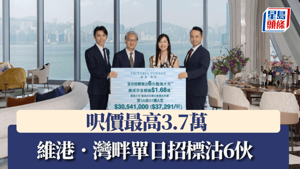 維港.灣畔單日招標沽6伙,呎價最高3.7萬。