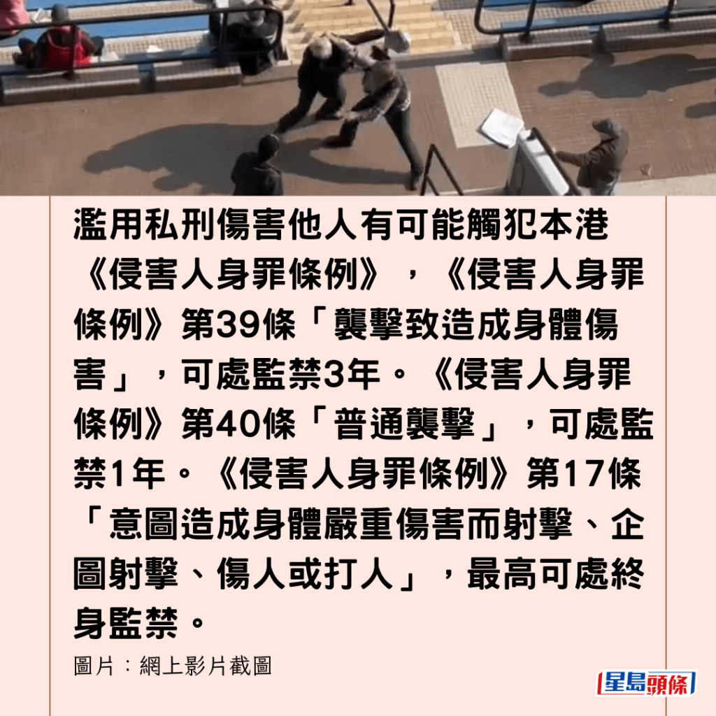  濫用私刑傷害他人有可能觸犯本港《侵害人身罪條例》，《侵害人身罪條例》第39條「襲擊致造成身體傷害」，可處監禁3年。《侵害人身罪條例》第40條「普通襲擊」，可處監禁1年。《侵害人身罪條例》第17條「意圖造成身體嚴重傷害而射擊、企圖射擊、傷人或打人」，最高可處終身監禁。