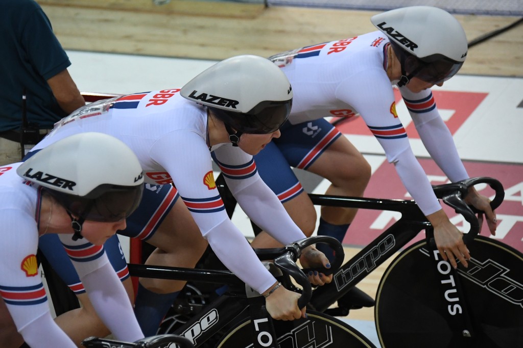  UCI國家盃場地單車賽香港站，英國隊出戰女子團體爭先賽奪金。 吳家祺攝