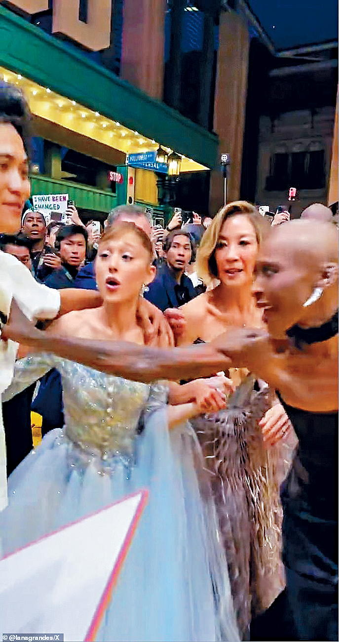 一名男狂迷跨過圍欄，闖入黃地毯再突襲Ariana，Cynthia即出手推開男子。