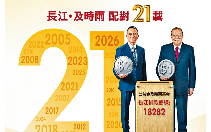 長江集團主席暨李嘉誠基金會副主席李澤鉅（圖左）手持2元硬幣，象徵延續過去五載雙倍配對捐款模式，令香港公益金名譽副會長李業廣（圖右）手中的1元公眾捐款增值兩倍，「1元變3元」。