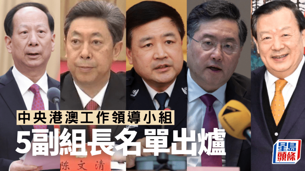 左起：中央政治局委員石泰峰、政治局委員陳文清、中央書記處書記王小洪、國務委員兼外交部部長秦剛、國務院港澳辦主任夏寶龍。