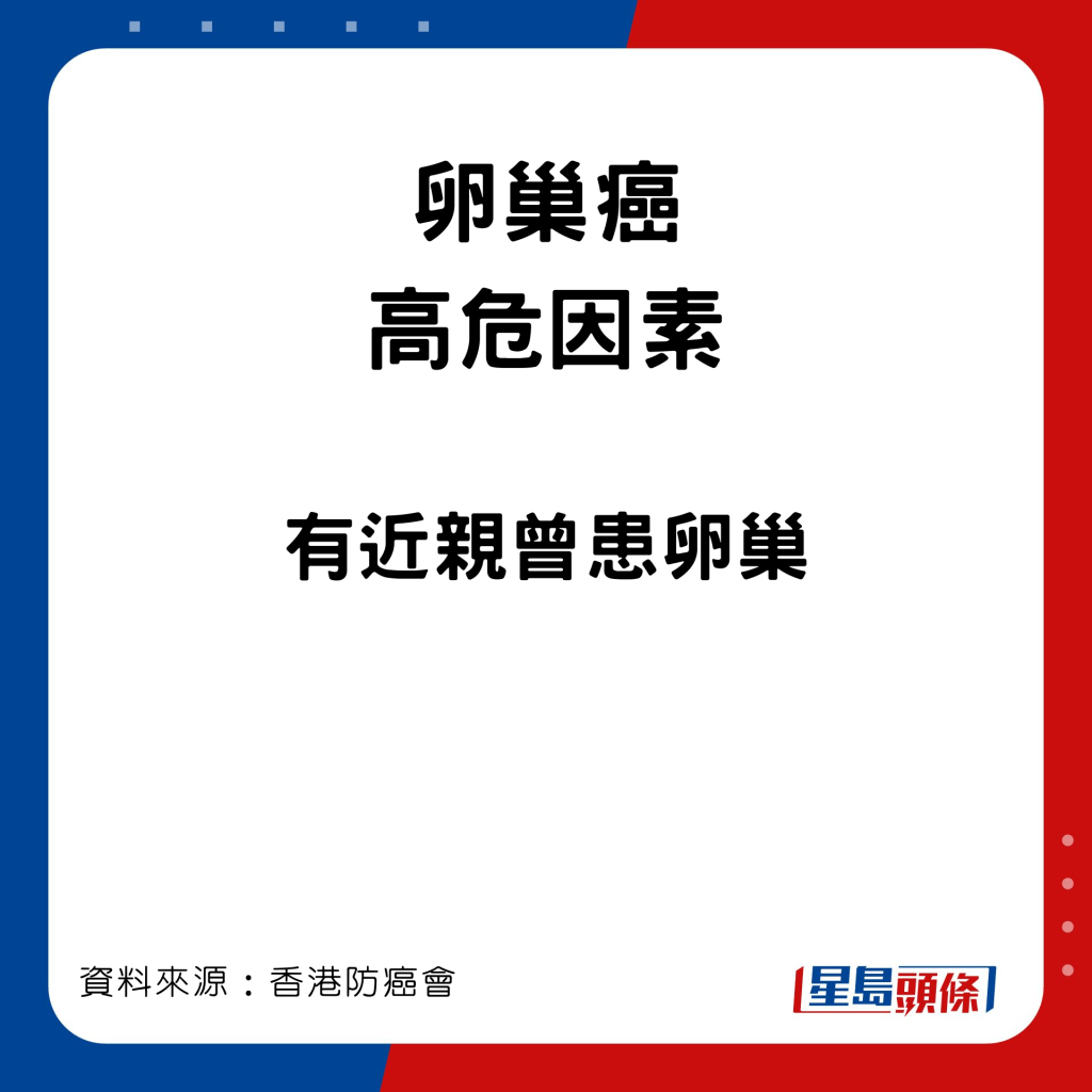 以下高危因素或會增加患卵巢癌的風險。