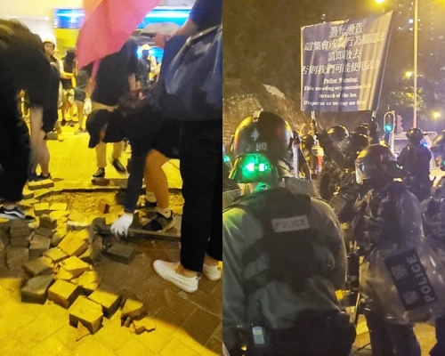 現場有示威者掘起磚頭,警方舉起藍旗。
