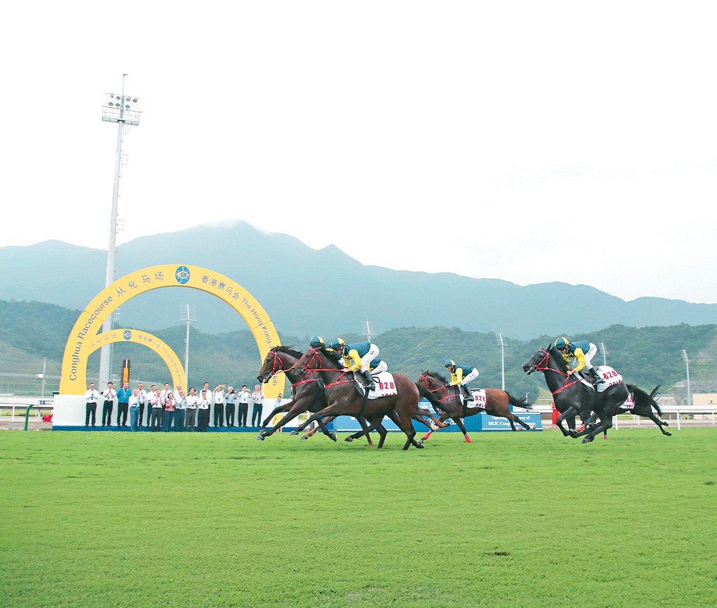 2018 年從化馬場開幕典禮上,香港騎師策騎駿馬在草地跑道上馳騁,衝過勝利拱門。 2018 年從化馬場開幕典禮上,香港騎師策騎駿馬在草地跑道上馳騁,衝過勝利拱門。