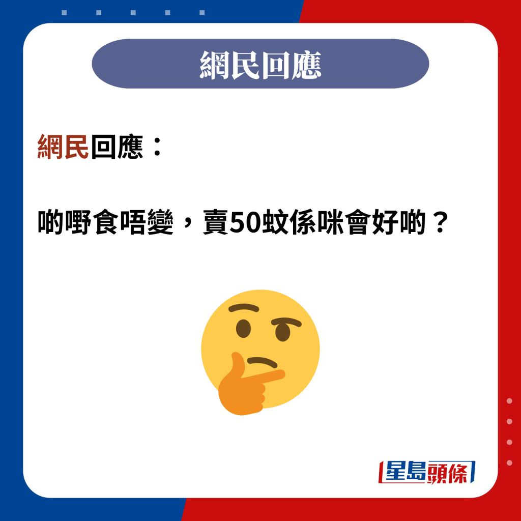 网民回应：  啲嘢食唔变，卖50蚊系咪会好啲？