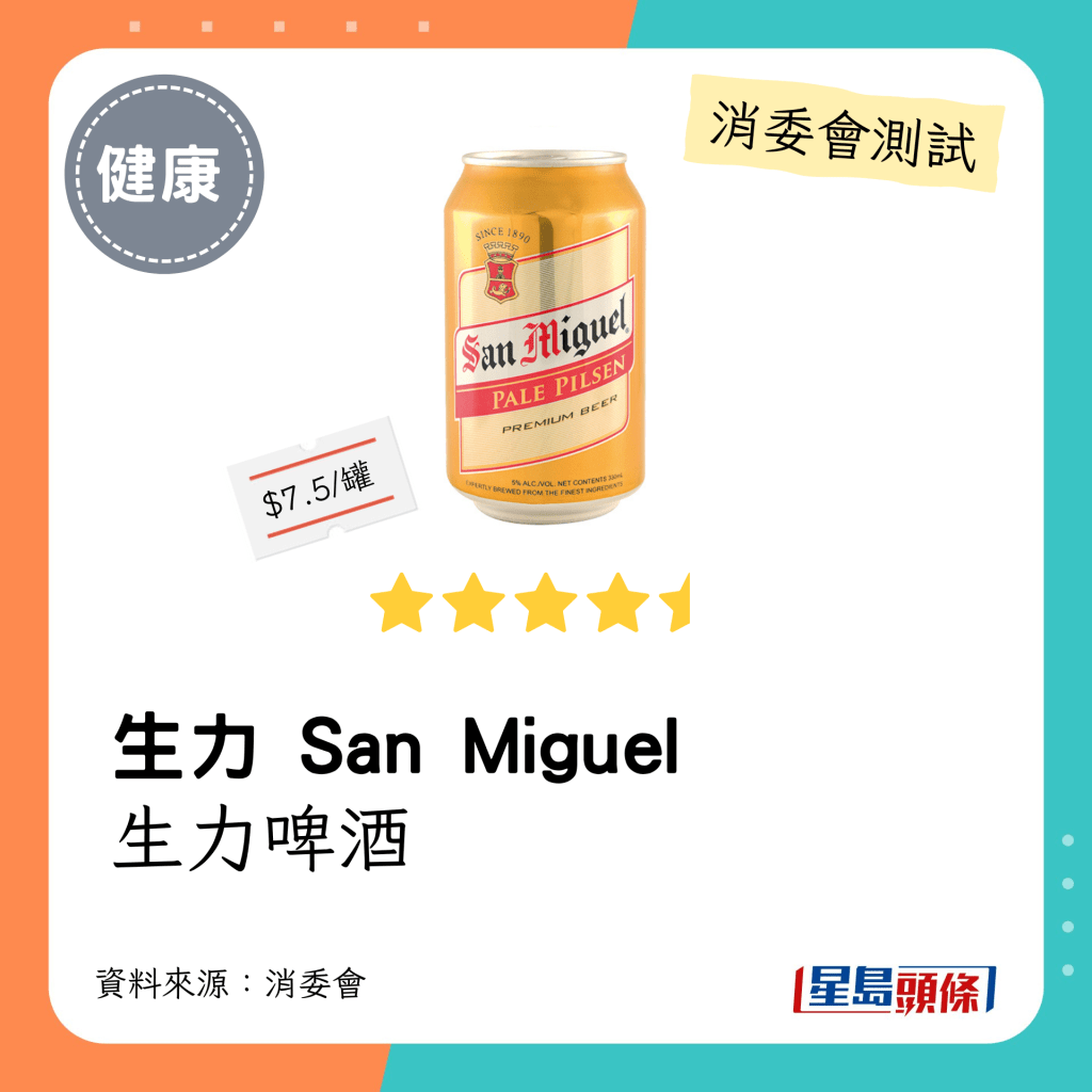消委會啤酒檢測名單：生力 San Miguel    生力啤酒（4.5星）