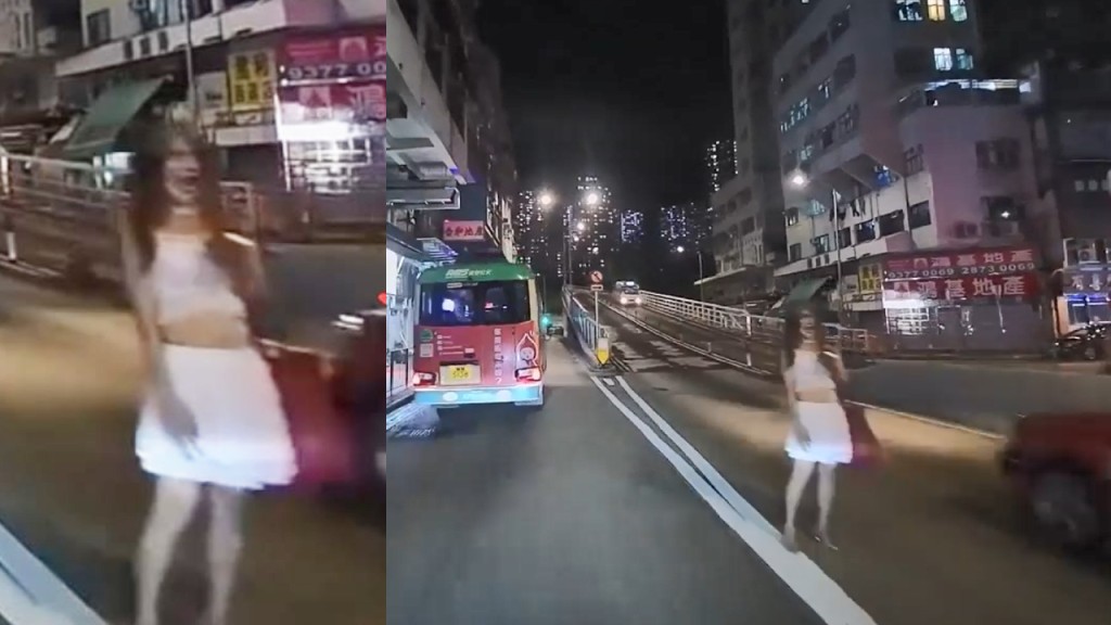 一名白衣女裝打扮人士，晚上於香港仔大道出沒。網圖