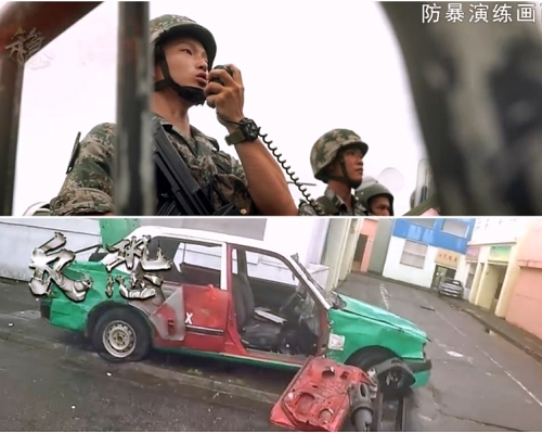 防暴演練的畫面中出現新界的士，有解放軍以廣東話大喊「後果自負」。微博影片截圖