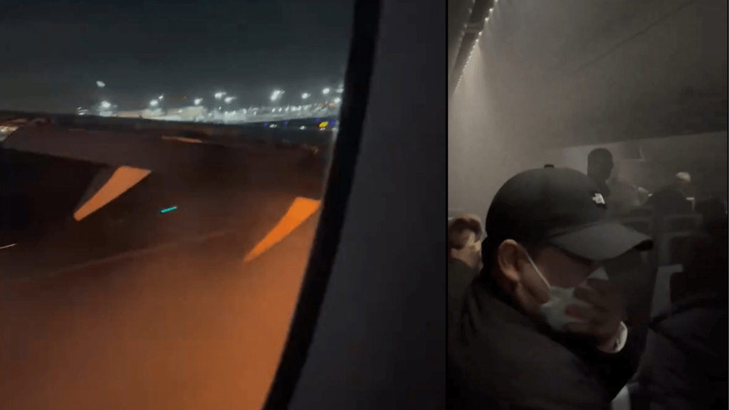 乘客拍摄影片显示机舱内烟雾弥漫。 X