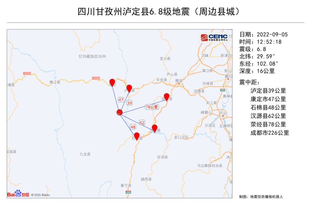 四川甘孜州泸定县（北纬29.59度，东经102.08度）发生黎克特制6.8级地震。网上图片