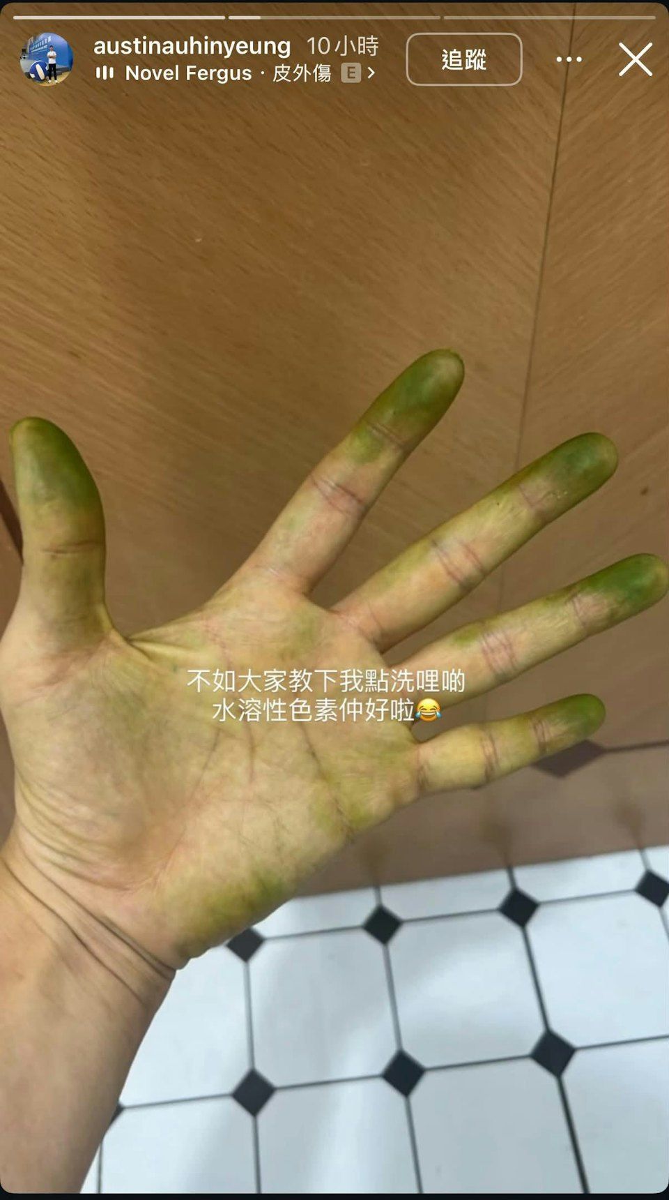 隨後區顯揚貼出「綠色手掌」照,引來網民聯想。 隨後區顯揚貼出「綠色手掌」照,引來網民聯想。