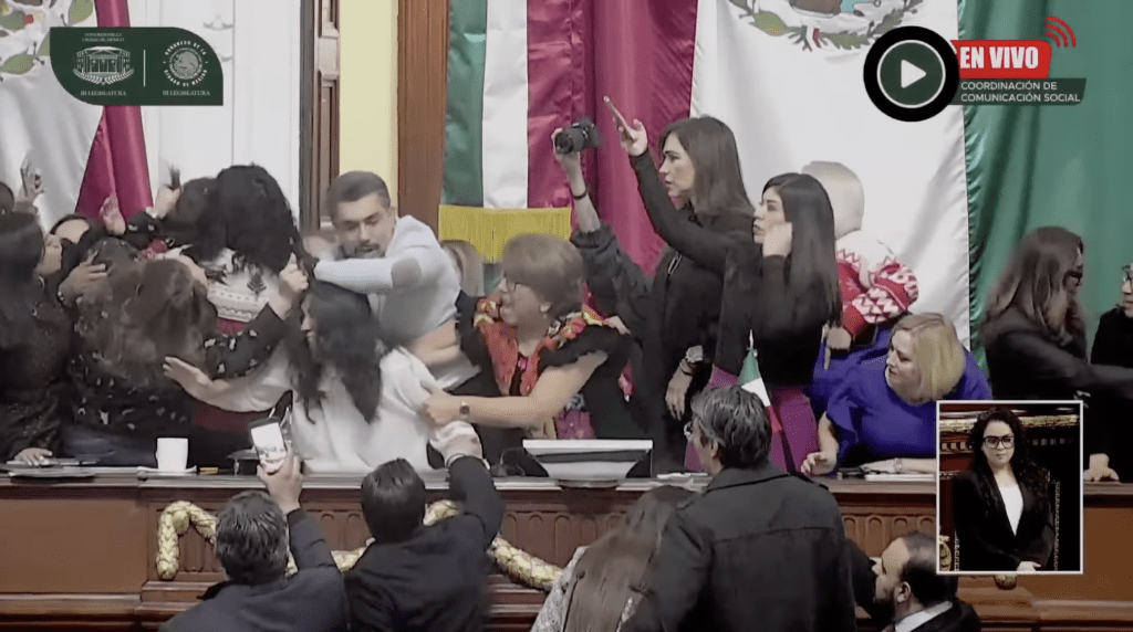 影片捕捉到女議員之間瘋狂揪扯頭髮、肘擊腹部及大聲尖叫的畫面。墨西哥國會直播/紐約郵報 影片捕捉到女議員之間瘋狂揪扯頭髮、肘擊腹部及大聲尖叫的畫面。墨西哥國會直播/紐約郵報