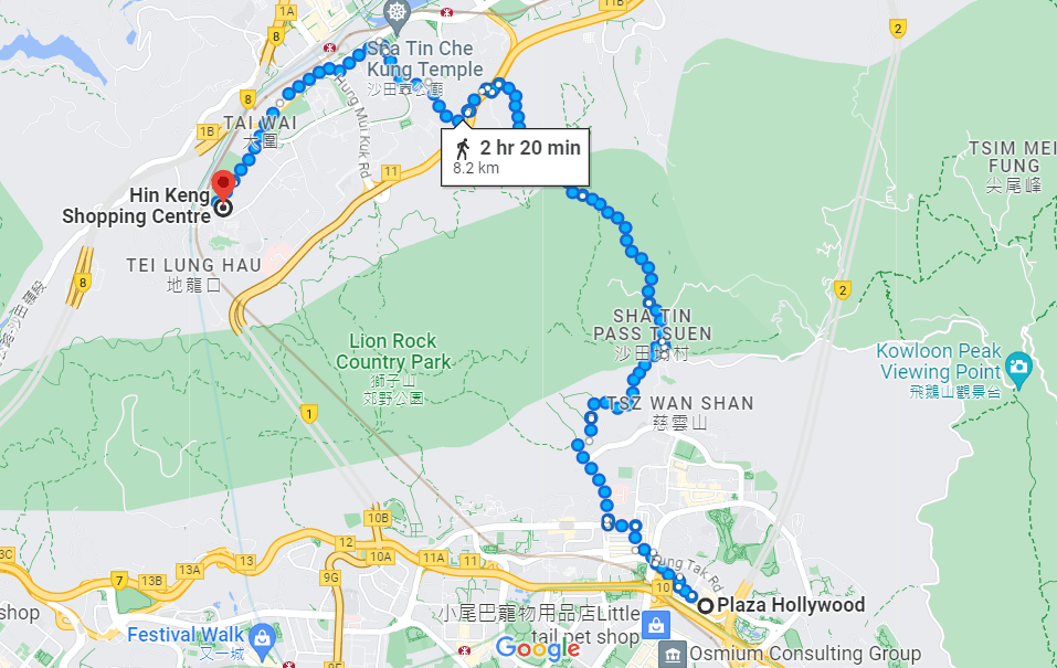 根据Google Map的指引，由钻石山荷里活广场前往显径，大约需要徒步2小时20分钟。