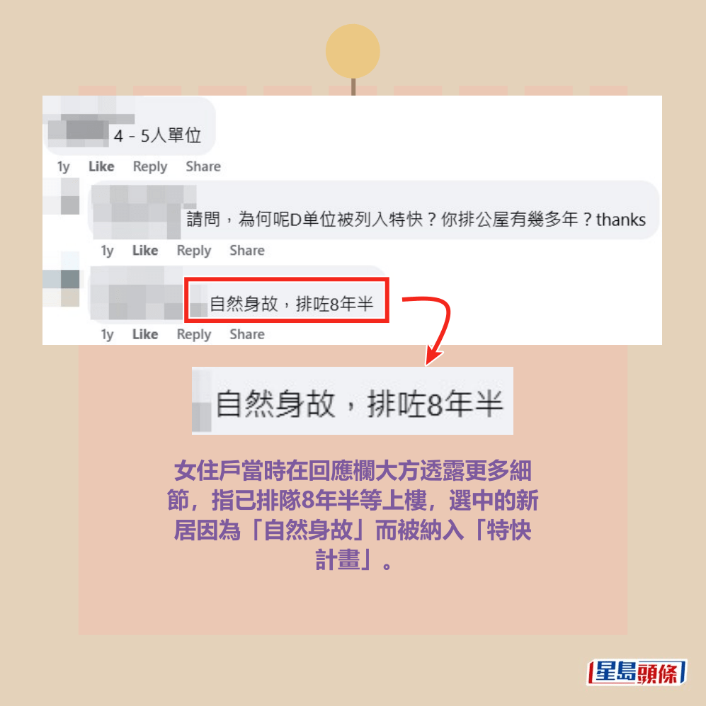 女住戶當時在回應欄大方透露更多細 節,指已排隊8年半等上樓,選中的新 居因為「自然身故」而被納入「特快 計畫」。fb「公屋討論區 - 香港facebook群組」截圖 女住戶當時在回應欄大方透露更多細 節,指已排隊8年半等上樓,選中的新 居因為「自然身故」而被納入「特快 計畫」。fb「公屋討論區 - 香港facebook群組」截圖