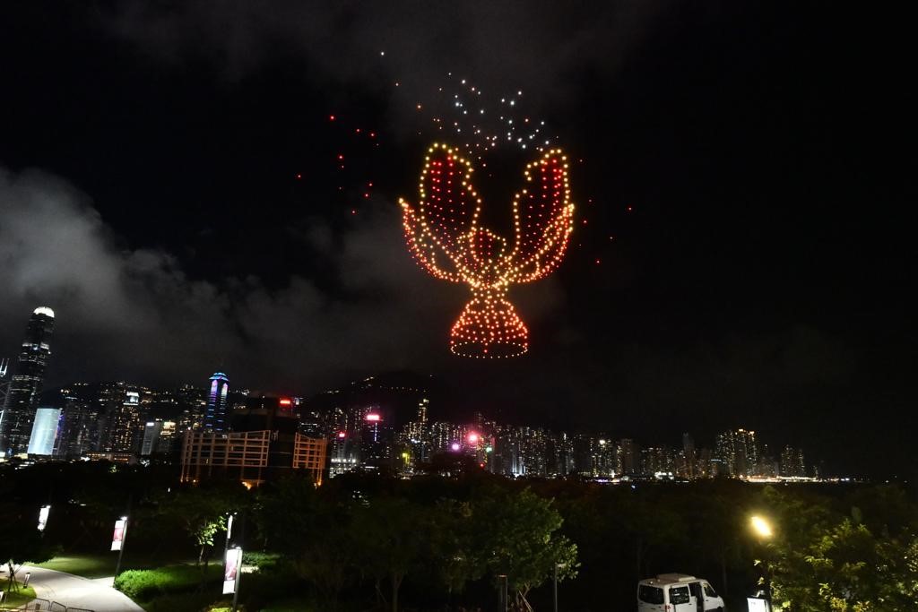 1,200 架無人機先是組成香港的市花洋紫荊，為「紫荊花之夜」展開序幕
