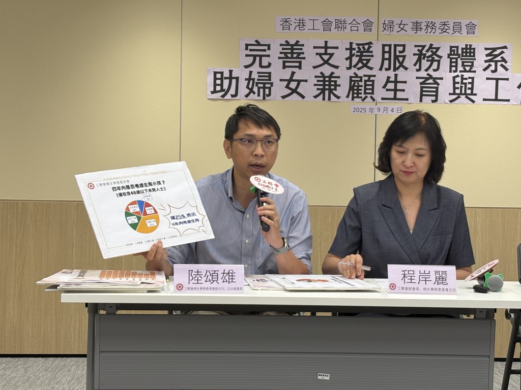 陸頌雄(左一)表示,許多年輕夫妻為排到公屋而錯過最佳生育年齡。 陸頌雄(左一)表示,許多年輕夫妻為排到公屋而錯過最佳生育年齡。
