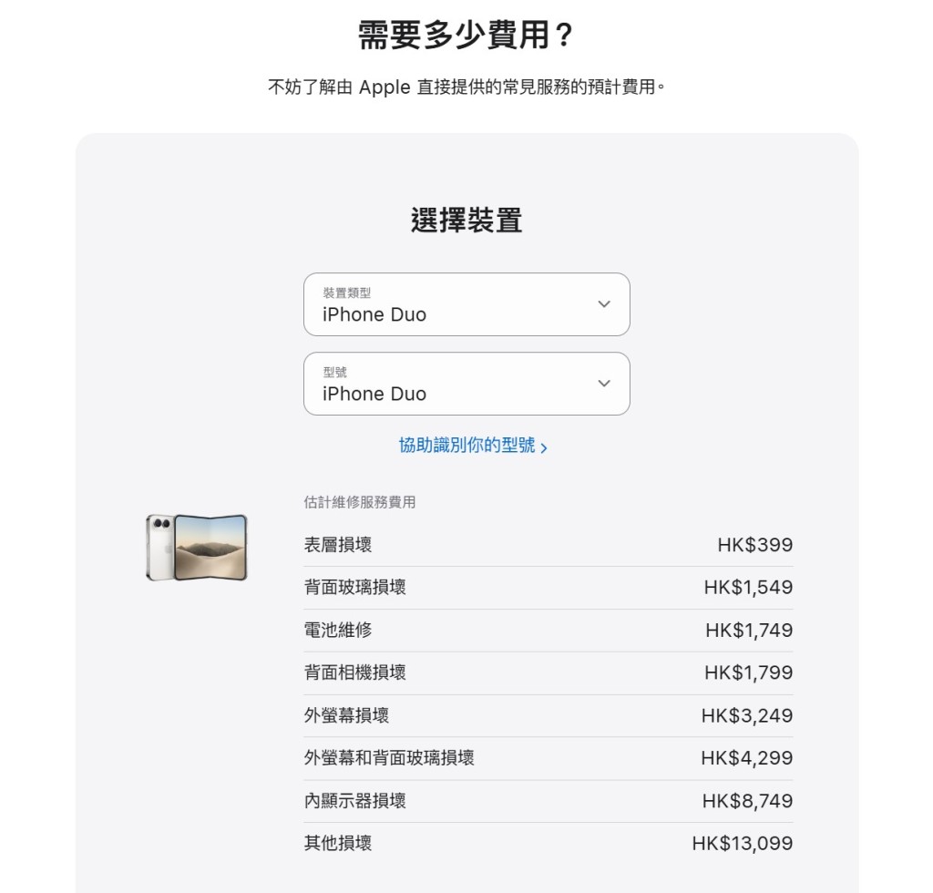 若iPhone Duo用戶有購買「Apple Care+」保養服務計劃（2年保障期限）， 其內顯示器損壞只須788元。