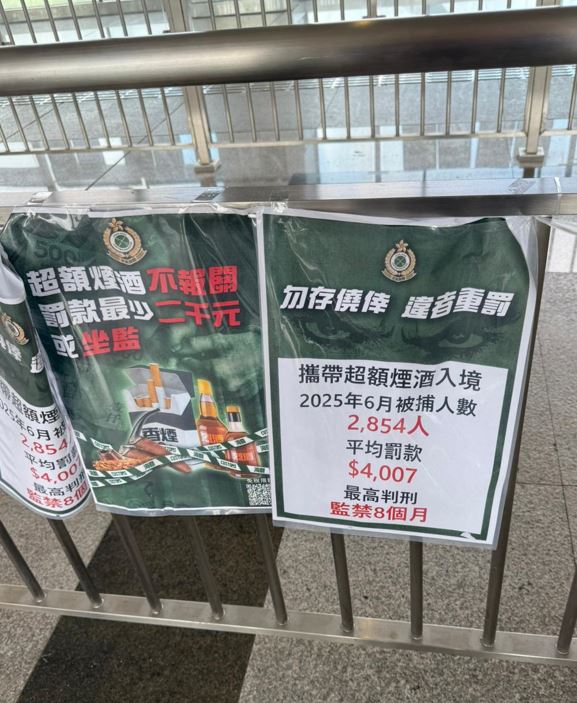 香港海關在福田口岸展示超帶煙酒的被捕人數，6月高達2854人，則5月達1715人。讀者提供