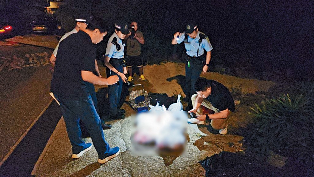 警方檢查多袋被棄置鮮血淋淋懷疑野豬肉。