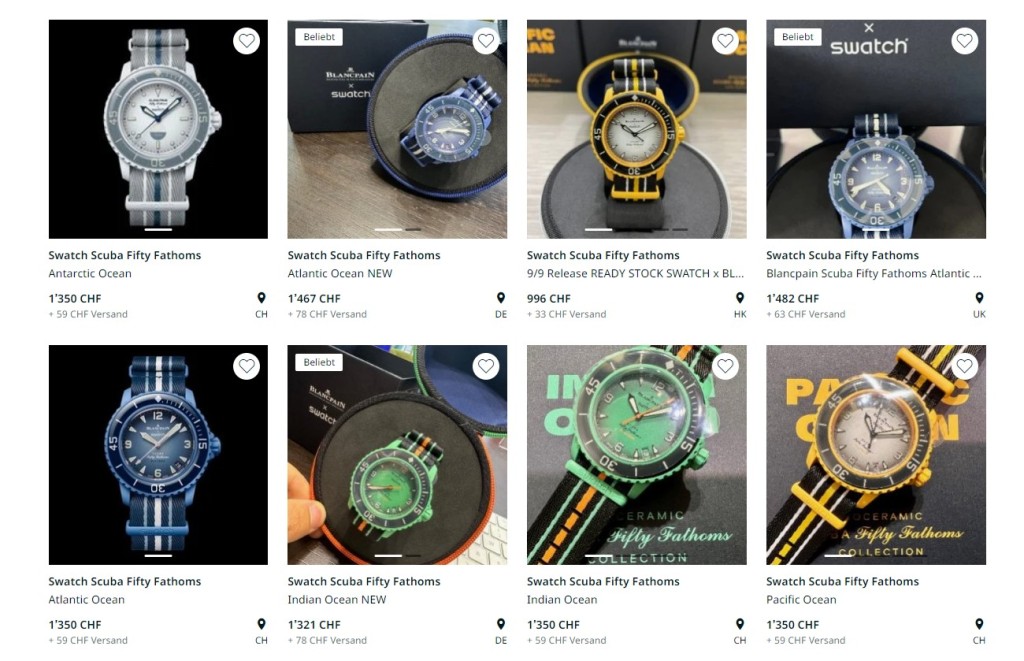 在手錶交易網站chrono24上可見，Swatch Fifty Fathoms系列的價格從1,000至2,000歐元（約8,396至1.68萬港元）不等。