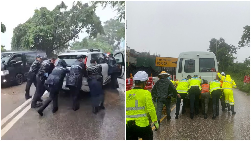 黑雨來襲 警合力推車助司機解困