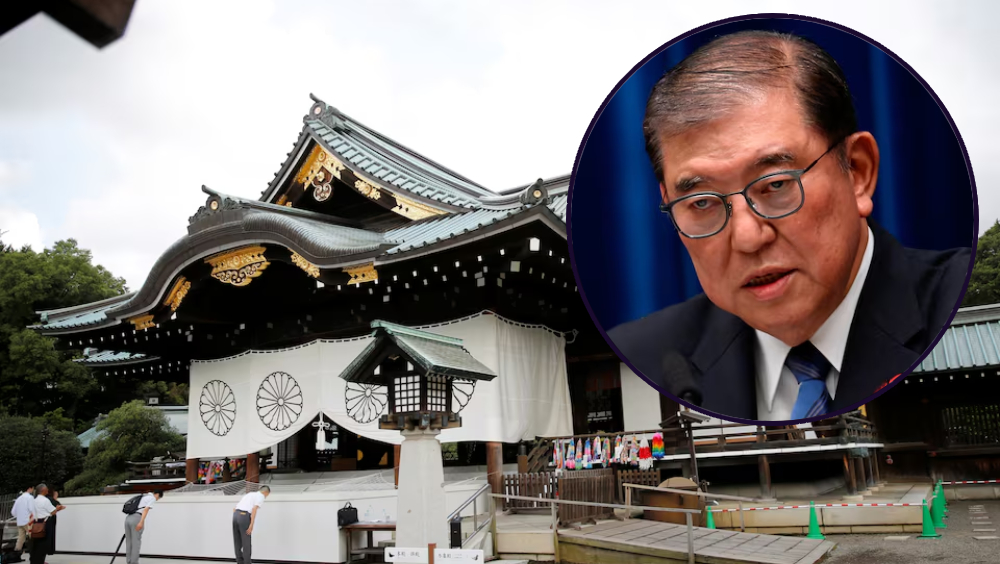 仿岸田文雄做法 ，石破茂向靖國神社供奉祭品。 路透社 