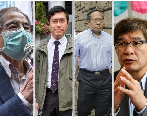 左起李柱銘，區諾軒，何俊仁及單仲偕等5人就手令提司法覆核。

