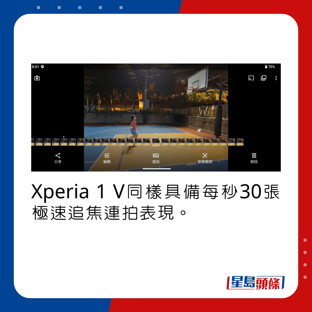 Xperia 1 V同样具备每秒30张极速追焦连拍表现。